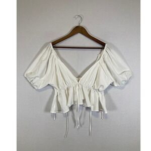Peplum Puff Sleeve Crop Top Women XL White Tie Front Boho Ruffle Hem